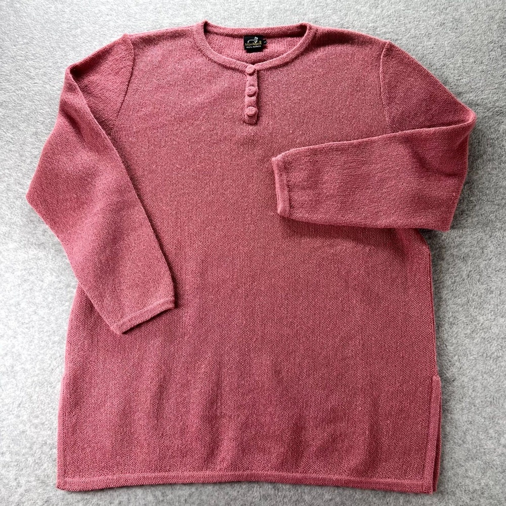Mon Repos Womens Alpaca Wool Henley Sweater Large Pink Knitted Long Sleeve